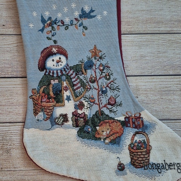 Longabeger Tapestry Christmas Stocking Lady Snowman Cat Christmas Tree Lights - Picture 4 of 7